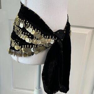Black Velvet Hip Scarf with Gold Coins